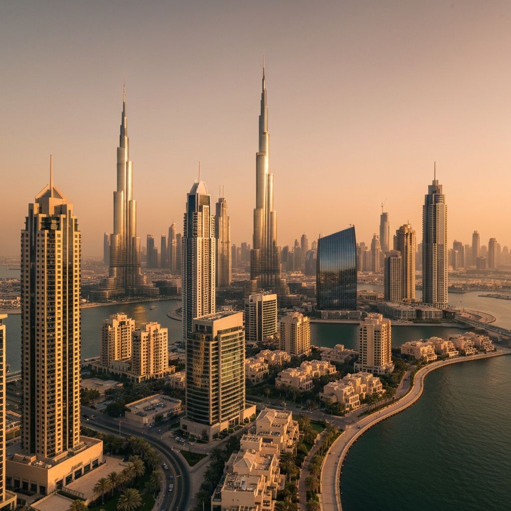 Panoramic view of the Dubai skyline at golden hour